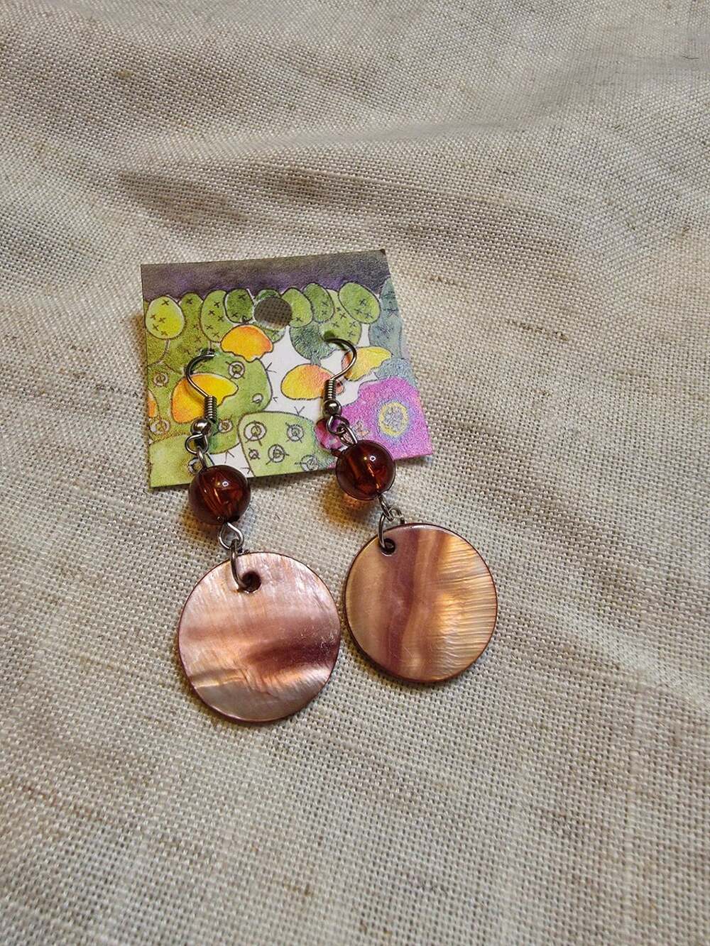 Handmade Iridescent Shell and Brown Bead Dangle Earrings beach vibes boho